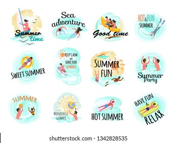 Sea adventures vector set of isolated people on vacation. Beach and seaside, swimming females, lifebuoy and man laying on inflatable mattress, volleyball