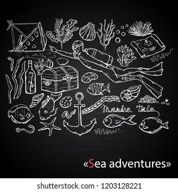 Sea adventures.Vector scuba diver on chalk blackboard.Underwater background with sea flora and fauna. Coral reef,sea plants and fishes silhouettes,sunken ship,chest,treasure, map,letter in a bottle