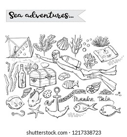 Sea adventures.Vector scuba diver over white.Marine.Underwater background with sea flora and fauna. Coral reef,sea plants and fishes silhouettes,sunken ship,chest,treasure, map,letter in a bottle