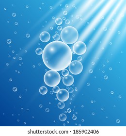 Sea air bubbles, in deep water with sun rays, vector background