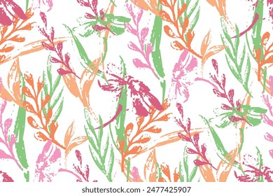 Sea algae ornament. Traces Leaves seamless pattern in watercolor style. Grunge traces roses illustration, water plants, tileable texture