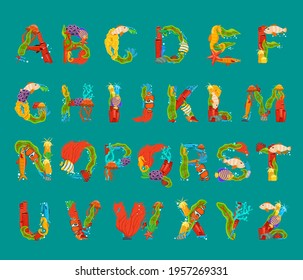 Sea alphabet. Uppercase letter. Creative lettering. Unique characters made from fish, seaweed, corals, sea inhabitants. Typography graphic design. Colorful cartoon style. Vector illustration