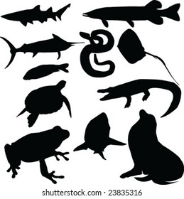 sea and amphibian animals silhouettes - vector