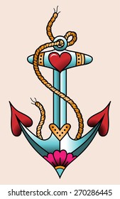 Sea Anchor. Color Tattoo In Traditional Old School Style  