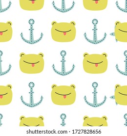 Sea anchor and frog  hand drawn seamless vector fill. Cute childish drawing. Baby wrapping paper, textile, vector illustration 
