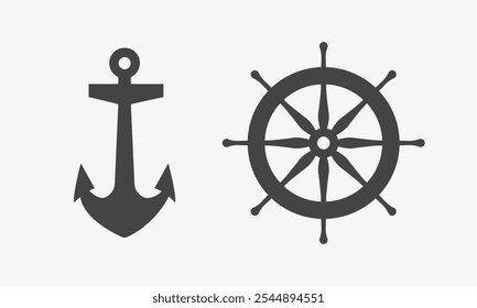 Sea anchor and helm black icon set. Vector illustration on white background. Isolated