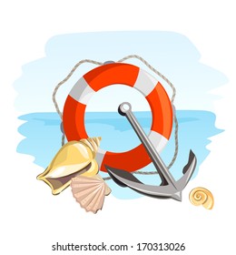 sea, anchor, lifebuoy and seashells. vector illustration