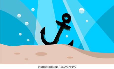 Sea anchor on the bottom, flat color illustration