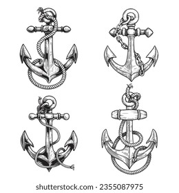 Sea anchor with rope and chains set. Ship equipment in sketch hand drawn style. Best for tattoo, emblem, logo. Vector illustration on white.