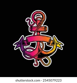 Sea anchor with a rope. Original vector illustration in vintage style isolated on black background. T-shirt design. Hand drawn, not AI