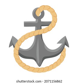 Sea Anchor with rope. Trendy vector illustration in flat style isolated on white. Element of Maritime design, good  for web and print