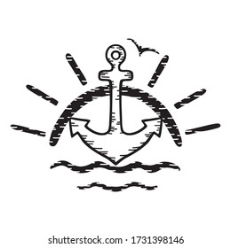 Sea anchor, seagull on the background of the rising sun and waves. Isolated black and white vector illustration. Hand drawing in cartoon style.