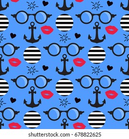 Sea anchor seamless pattern. Vector illustration isolated on blue background. Concept of a romantic walk by the sea.