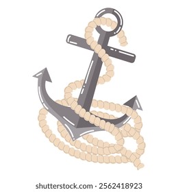 Сartoon sea anchor from ship with rope in flat style. Nautical concept. 