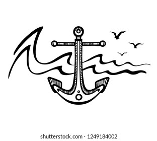 Sea anchor stylized on the background of the wave and seagulls.