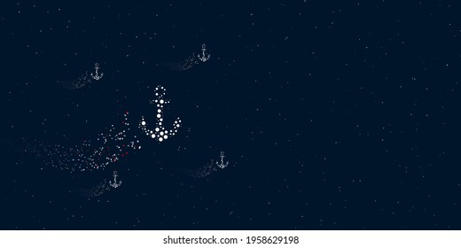 A sea anchor symbol filled with dots flies through the stars leaving a trail behind. There are four small symbols around. Vector illustration on dark blue background with stars