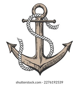 Sea anchor wrapped with rope. Part of the equipment for the ship. Vector hand drawn illustration. Clipart for tattoo, emblem, logo, label on a white background.