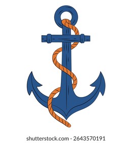 Sea anchor wrapped with rope. Part of the equipment for the ship. Vector hand drawn illustration. Clipart for tattoo, emblem, logo, label on a white background.