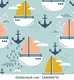 Sea anchors and boats, hand drawn seamless pattern. Marine background vector. Colorful illustration, overlapping backdrop. Decorative cute wallpaper, good for printing