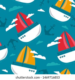 Sea anchors and boats, hand drawn seamless pattern. Marine background vector. Colorful illustration, overlapping backdrop. Decorative cute wallpaper, good for printing