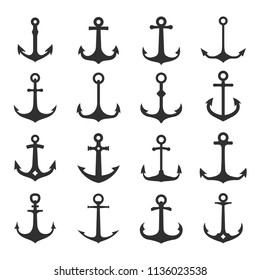 Sea anchors icon set. Ship object dragged in the water behind a boat, nautical equipment. Vector flat style cartoon anchors illustration isolated on white background