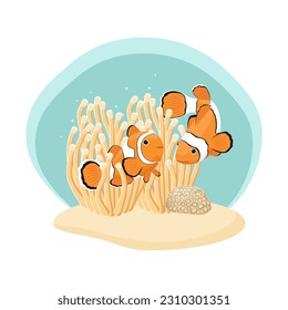 Sea anemone and clown fish. Marine life. Vector illustration.