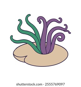 Sea Anemone Flat Vector Illustration, Simple Stylized Design, Flowing Tentacles, Vibrant Green-Purple, Minimalist Look, Clean Lines, White Background