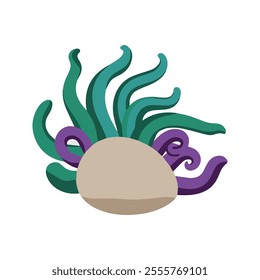 Sea Anemone Flat Vector Illustration, Simple Stylized Design, Flowing Tentacles, Vibrant Green-Purple, Minimalist Look, Clean Lines, White Background