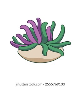 Sea Anemone Flat Vector Illustration, Simple Stylized Design, Flowing Tentacles, Vibrant Green-Purple, Minimalist Look, Clean Lines, White Background