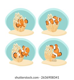 Sea anemones, clown fish set. Marine life vector illustration.