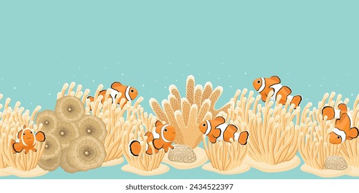 Anémonas de mar, peces payaso y corales. Ilustración vectorial.