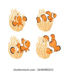 Sea anemones, clownfish set. Marine life vector illustration, aquarium.