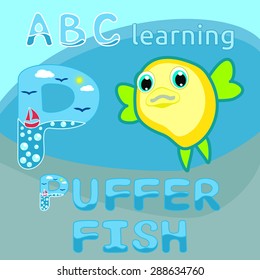 Sea animal alphabet Letter P Kids learning Funny puff fish vector Blowfish cartoon character Ocean animal Round shape fish Sea life Great for illustration, kids t shirt stamp, animal, wildlife design