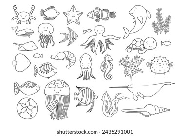 Sea Animal, Sea Animals, Silhouette, Sea Animals Bundle, line-work, Baby Turtle, Ocean Fish, Seahorse, Crab, Dolphin Wale, Doodle, Narwhale, sea-star, octopus, clown fish, jellyfish, ray fish,  svg