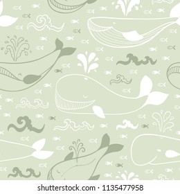 Sea Animal Background for Kids. Vector Seamless Pattern with Cute Whales, Fishes and Sea Waves. Cartoon Ocean Animals. 