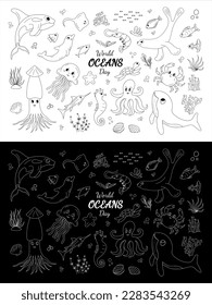 Sea animal black and white line. Vector illustration. Ocean undersea world. Oceans Day doodle elements. Isolated elements for cover, print, kids book decoration, postcard, educational game, stickers.