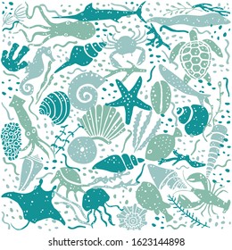 sea animal blue seamless pattern