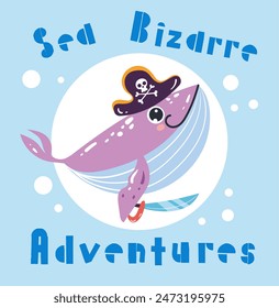 Sea animal caharacter pirate adventure isolated concept. Vector design graphic illustration