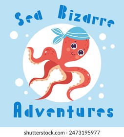 Sea animal caharacter pirate adventure isolated concept. Vector design graphic illustration