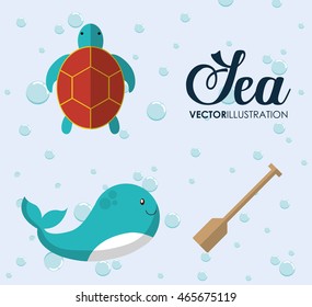 Sea animal cartoon design represented by whale and tortoise icon. Colorfull and flat illustration. 