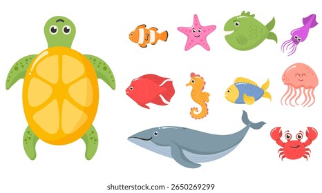 Sea animal cartoon vector. Underwater illustration with fish, jellyfish, crab and octopus. Colorful coral reef background with starfish, seashell and tropical marine elements for kids’ design.