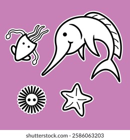 Sea Animal in cute colorful design for kids and education lineart outline