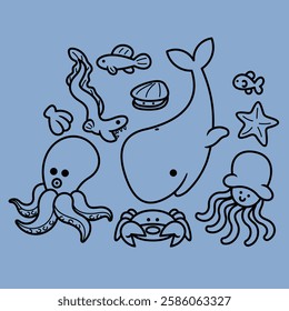 Sea Animal in cute colorful design for kids and education lineart outline