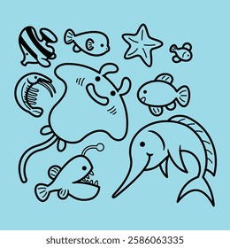 Sea Animal in cute colorful design for kids and education lineart outline