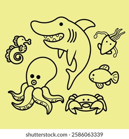 Sea Animal in cute colorful design for kids and education lineart outline