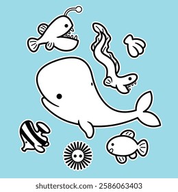 Sea Animal in cute colorful design for kids and education lineart outline