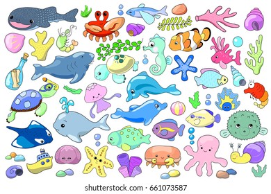 Sea animal and fish cartoon vector illustration. Marine animals clipart. Cute dolphin. Aquarium fishes. Sea tortoise. Tropical seashore animals. Lovely sea mascot sticker. Shark icon. Seahorse drawing