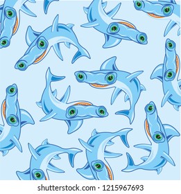 Sea animal fish hammer pattern on turn blue background