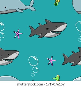 Sea animal fish monster shark whale seahorse starfish seamless pattern vector illustration nature wild ocean water cartoon background wallpaper
