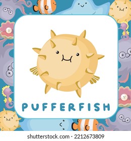 Sea animal flashcards for kids. Introducing the sea animals to children. Ready to print educational flashcards. Cute sea animal illustrations flashcards for toddlers. Printable game card for kids